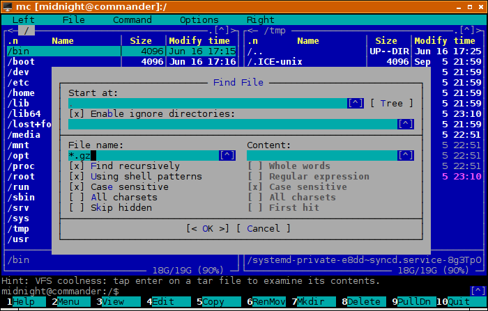 Midnight Commander - Find File Dialog