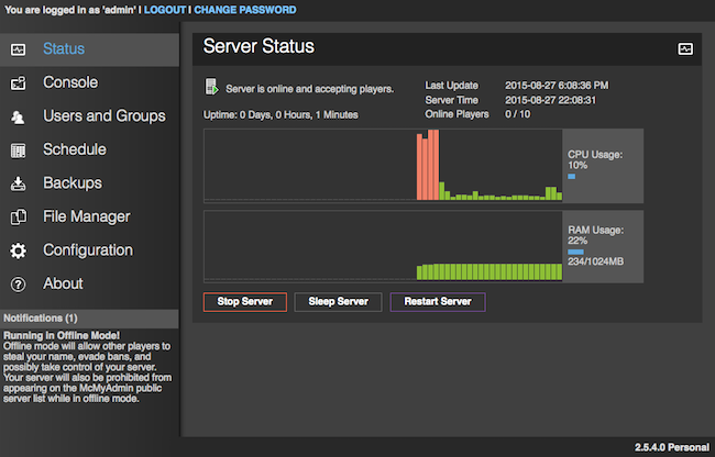 McMyAdmin Server Started